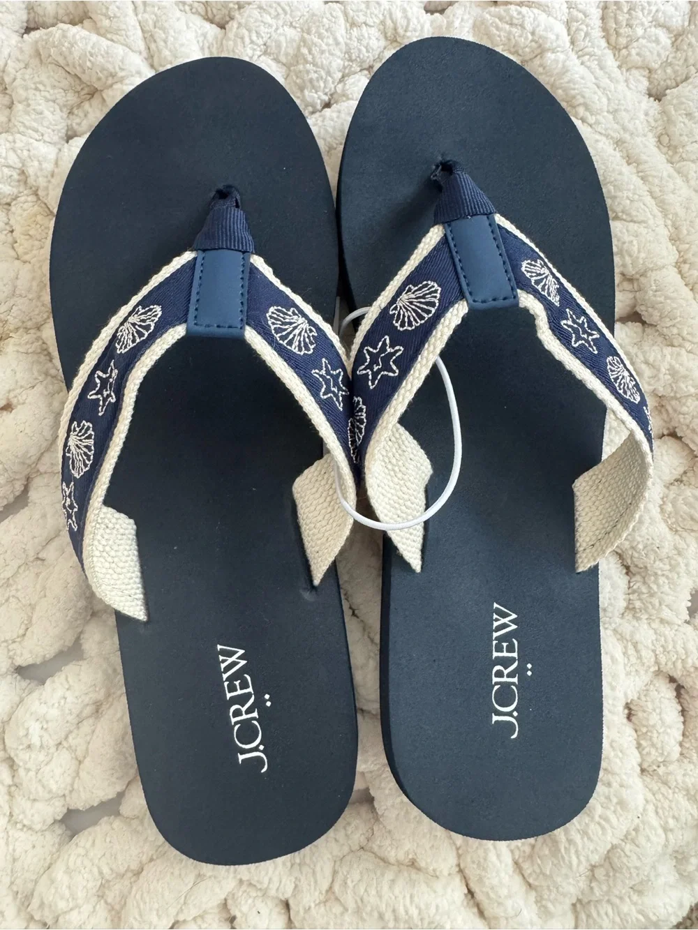J.Crew Navy Embroidered Shell Flip Flops - Brand New with tags